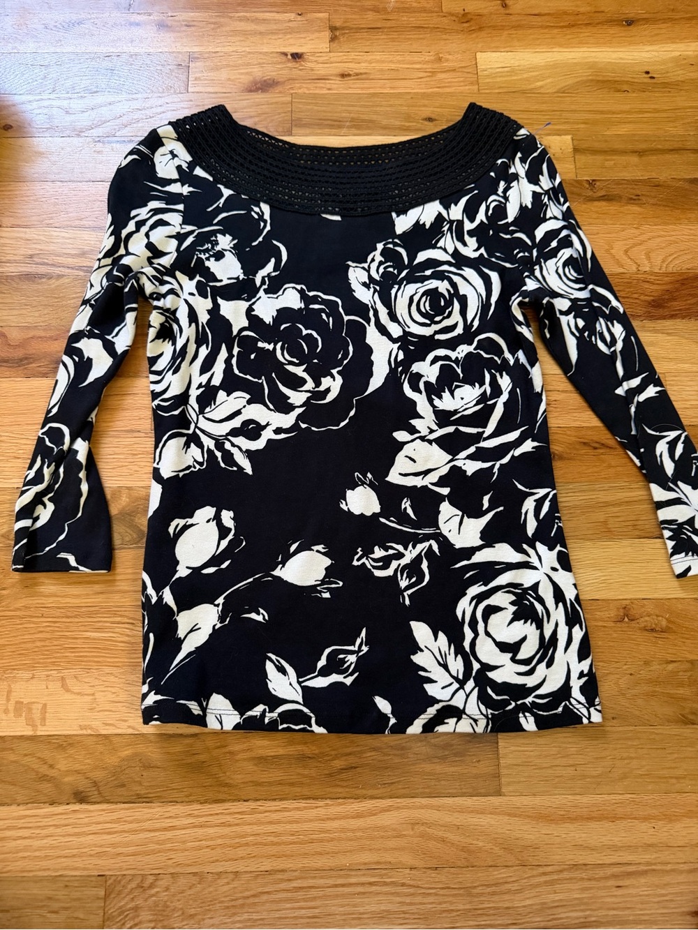 Ralph Lauren Black and Cream Lace/Mesh neck Long Sleeve Top
